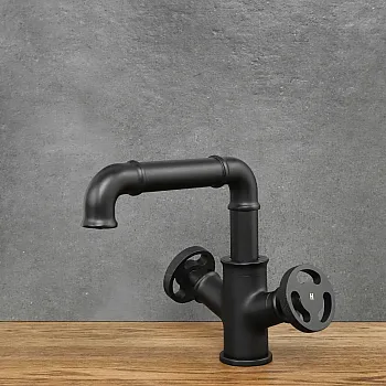 Retro style washbasin faucet made of brass black, height 18 cm, spout length 15.5 cm