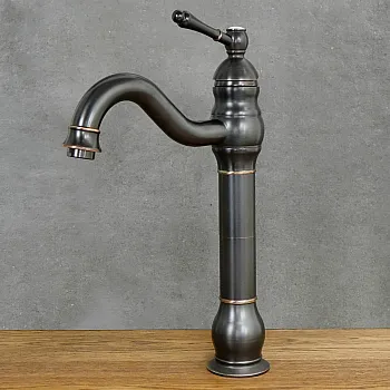 Retro style washbasin faucet made of brass, black color, height 33 cm, spout length 17 cm