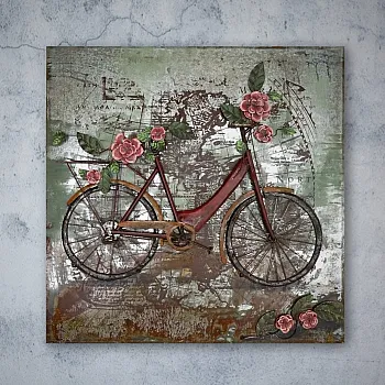 3D metāla sienas māksla &amp;amp;quot;Retro sieviešu velosipēds ar ziediem&amp;amp;quot;, izmēri 100x100cm, svars 10 kg