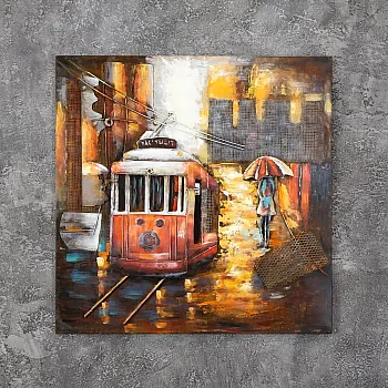 3D metalo dažymo tramvajus saulėlydžio metu 100x100cm