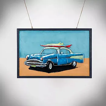 3D metalo meno kūrinys &amp;amp;quot;Paplūdimys ir retro automobilis su banglente ant stogo&amp;amp;quot;, aukštis 60 cm, plotis 90 cm