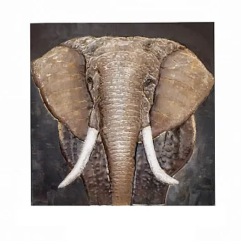 3D metalo sienos piešinys, Afrikos savanos dramblys su ilgomis iltimis, dydis 85 cm x 85 cm