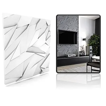 3D dekoratyvinės sienų polistireno plokštės su aštriais, kampuotais geometriniais raštais ir skulptūrišku, futuristiniu dizainu, 60x60 cm, baltos spalvos, dažomos, 12 vnt. komplektas (4,32 m2)