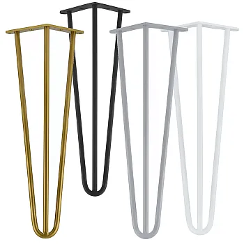 Elegantiškos plaukų segtuko tipo kojelės kavos staliukui iš trijų Ø12 mm plieninių strypų, aukštis 43 cm - 4 kojų komplektas, spalvos: juoda, balta, pilka, auksinė