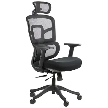 Ergonomiška biuro kėdė su juodo nailono pagrindu, atlošas aptrauktas tinkleliu, juosmens atrama