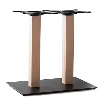 Table base from steel with two raw beech wood columns, height 72 cm / 60 cm / 106 cm, tabletops up to 140x80 cm or D120 cm