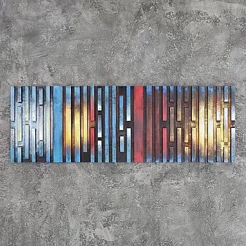 Mozaikinis lietus – originalus 3D medinis sienos menas, modernus geometrinis vaizdas, rankų darbo kūrinys, matmenys 150x50 cm