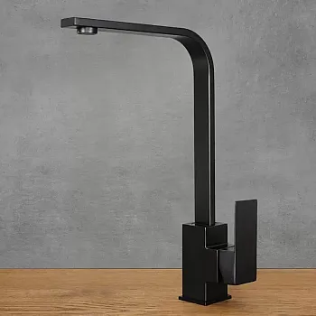 Modern matte black square stainless steel kitchen faucet, minimalist geometric design, height 35.2 cm, spout length 19.5 cm