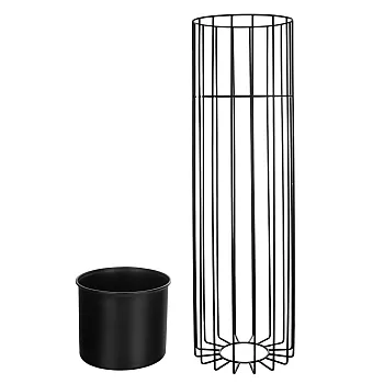 Metal designed flower pot made of steel rods black color and plastic basket black color, width 20 cm, height 70 cm