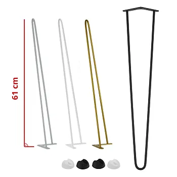 Dekoratyvios metalinės stalo kojos su 2 strypų dizainu, 4 vnt. komplektas, skersmuo 10 mm, aukštis 61 cm, juodos, baltos, pilkos arba auksinės spalvos