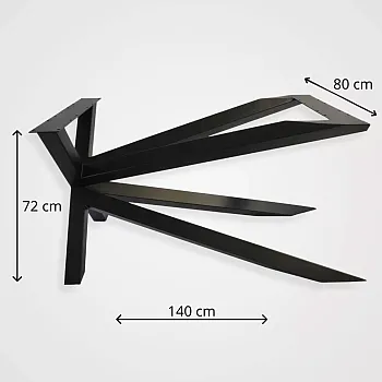 Asymmetric monolithic, artistic metal table frame in black color for large tabletops, height 72 cm, width 80 cm, length 140 cm