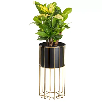 Metalo dizaino gėlių vazonas iš plieninių strypų auksinės spalvos ir plastikinio krepšelio juodos spalvos, plotis 20 cm, aukštis 46 cm