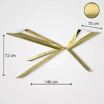 Golden color asymmetric table frame for large tabletops, height 72 cm, width 70 cm, length 140 cm, steel square profile 6x6 cm