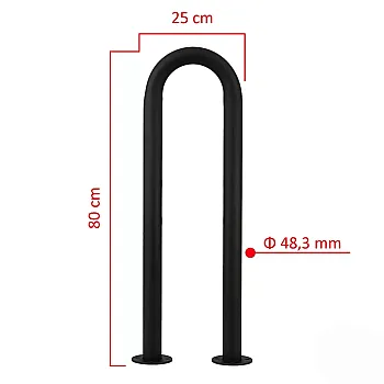 Kompaktiškas apverstos U formos dviračių laikiklis tvirtinimui ant grindinio, aukštis 80 cm, plotis 25 cm