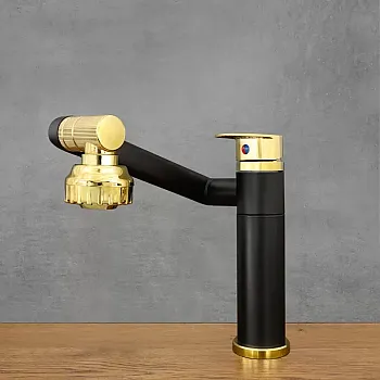 360 degree rotating kitchen tap made of stainless steel, height 20.5 cm, spout length 20 cm, color black and gold, polished, matte