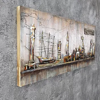 3D metallist seinakunst Dunkerque&amp;amp;#039;i sadama ja kai siluetiga – tööstuslik merendusteemaline sisekujundus, mõõtmed 60x150cm