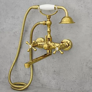 Bath water mixer made of brass, wall-mounted, height 27 cm, spout length 24.5 cm, golden color