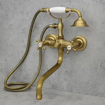 Bath water mixer made of brass, wall-mounted, height 39 cm, spout length 23 cm, golden color