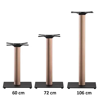 Strong central table leg, square-shape steel bottom plate and raw wooden beech column, different heights for coffee, dinning and bar tables, weight 15 kg, for tabletops up to 80x80 cm or D90 cm