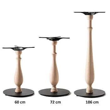 Table leg with steel bottom base and elegant raw wooden column for coffee table, dining table, bar table, weight 15 kg, for tabletops up to D80cm