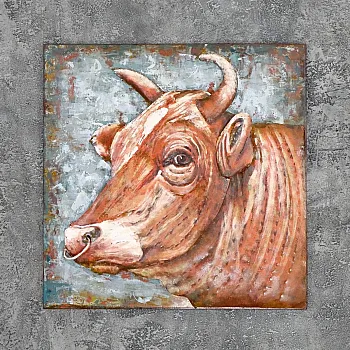 Rustic 3D Metal Cow Wall Art with Nose Ring – Handcrafted Farmhouse Decor, 80x80cm
