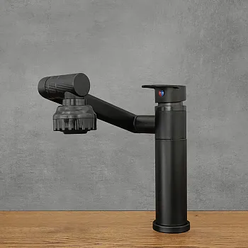 360 grādu rotējošs virtuves jaucējkrāns no nerūsējošā tērauda, augstums 20,5 cm, izteces garums 20 cm, krāsa melna, matēta