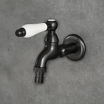 Antique Brass Outdoor Hose Tap with Ceramic Handle – Black Oil-Rubbed Finish, height 11 cm, spout length 10 cm