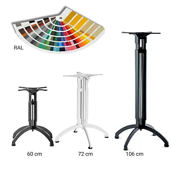 HoReCa metāla centrālā galda kāja ar stabilu četrkāju konstrukciju, pieejamie augstumi 60 cm, 72 cm, 106 cm, jebkurā RAL krāsā