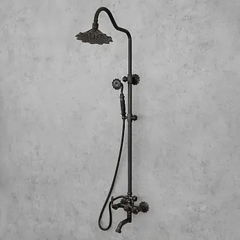 Antique Brass Surface-Mounted Shower Set with Rain Shower, Handset and Bathtub Spout – Flower designe, black