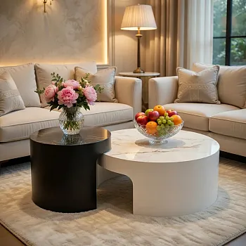 Luxury 2-piece round coffee table set: steel base and ultra-compact ceramic stone top (sintered stone), marble-effect finishes