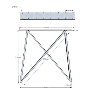 Metal legs X-shape, dimensions 75x72cm, black color, 2 pieces in set
