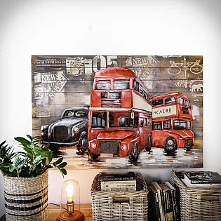 3D-metallist kunstiteos, millel on kujutis elavast punasest Londoni bussist, mõõtmed 120x60 cm