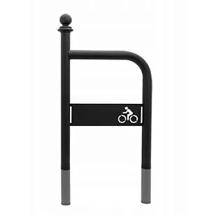 Āra metāla velosipēdu novietne no tērauda ar velosipēda logotipu, melnā krāsā, enkurots ar betonu, izmērs 100x60 cm