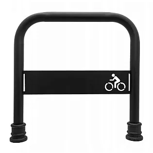 Velosipēdu statīvs, cinkots un melni krāsots, retro stilā, augstums 80 cm, garums 80 cm, ar dekoratīviem čuguna elementiem un velosipēda logotipu, paredzēts iebetonēšanai zemē