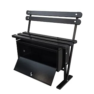 Freestanding cemetery bench from steel with PVC boards, backrest and lockable metal box