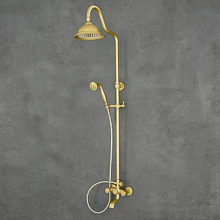 Dzeltena, retro stila lietus dušas sistēma, izgatavota no misiņa, augstums 141 cm, lietus dušas diametrs 21 cm
