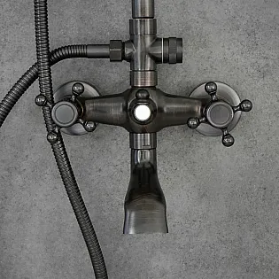 Retro stila dušas sistēma ar lietus dušu no misiņa, melnā krāsā, augstums 129,5 cm