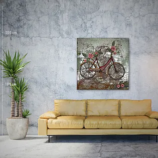 3D metalinis sieninis menas Retro moteriškas dviratis su gėlėmis, matmenys 100x100cm, svoris 10 kg