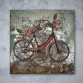 3D metallist seinakunst Retro naiste lilledega jalgratas, mõõdud 100x100cm, kaal 10 kg