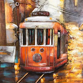 3D metalo dažymo tramvajus saulėlydžio metu 100x100cm
