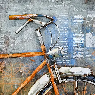 3D metallist kunstiteos Oranž retro jalgratas, mõõdud 80x120cm, kaal 8,8 kg
