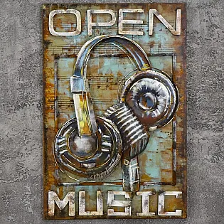 3D metalo meno kūrinys Mikrofonas ir ausinės atvira muzika, matmenys 60x90 cm
