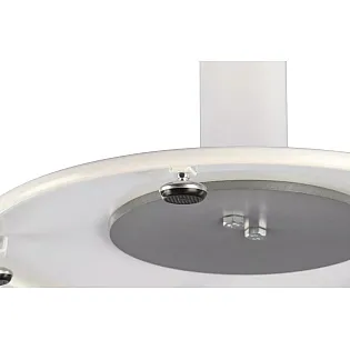 Elegantiškas centrinis stalo pagrindas iš plieno, aukštis 72,5 cm, apatinio pagrindo skersmuo 57 cm, paviršiams iki 80 cm skersmens, baltos spalvos