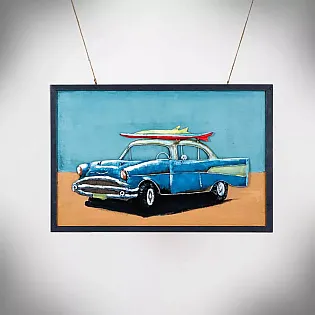 3D metāla mākslas darbs Pludmale un retro automašīna ar sērfošanas dēli uz jumta, augstums 60 cm, platums 90 cm