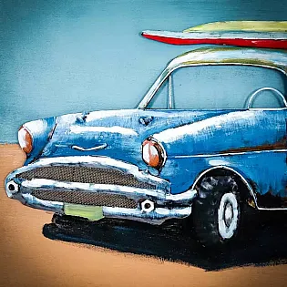 3D metāla mākslas darbs Pludmale un retro automašīna ar sērfošanas dēli uz jumta, augstums 60 cm, platums 90 cm