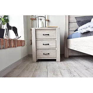 Massive wood bedside table made of spruce with three drawers, whitewashed finish, height 67 cm, width 54 cm, depth 42 cm, set of 2 pcs
