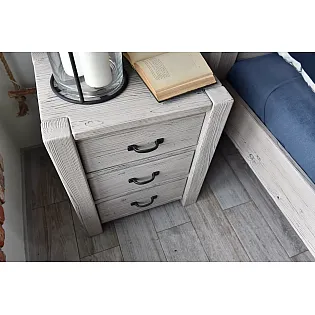 Massive wood bedside table made of spruce with three drawers, whitewashed finish, height 67 cm, width 54 cm, depth 42 cm, set of 2 pcs