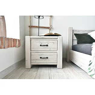 Massive wood nightstand with two drawers, made of spruce, whitewashed finish, height 48 cm, width 54 cm, depth 42 cm, set of 2 pcs