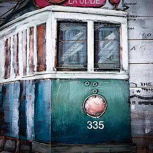 Urbanistinis 3D metalo meno kūrinys, tramvajus Nr. 22, nudažytas žalia ir balta spalva, dydis 100x100 cm