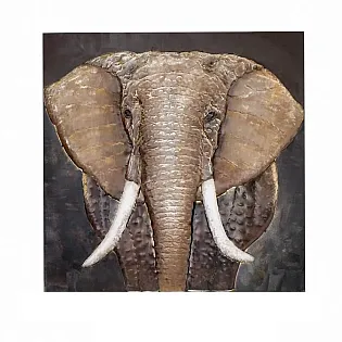 3D metalo sienos piešinys, Afrikos savanos dramblys su ilgomis iltimis, dydis 85 cm x 85 cm